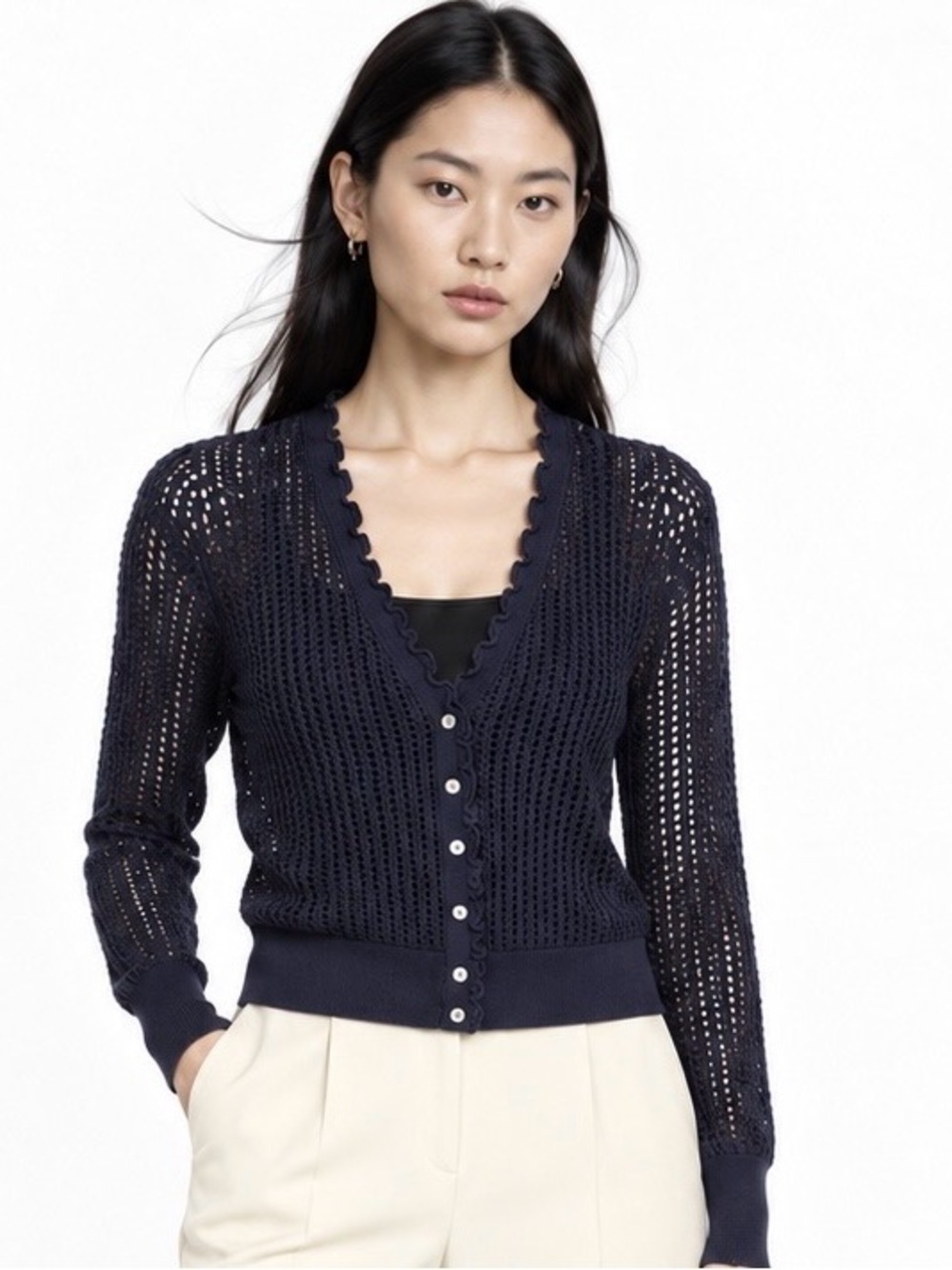 🌺 3.1 Phillip Lim Navy Ruffle-Trim Open-Knit V-Neck Cardigan